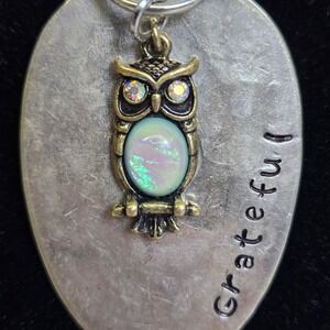Spoon Pendant Necklace, Owl Charm, Iridescent‎ stone/rhinestones, 28" Chain